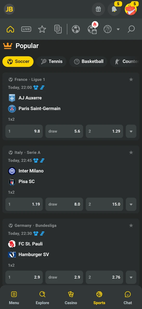 Choose a sport to start a bet inside the JB App.