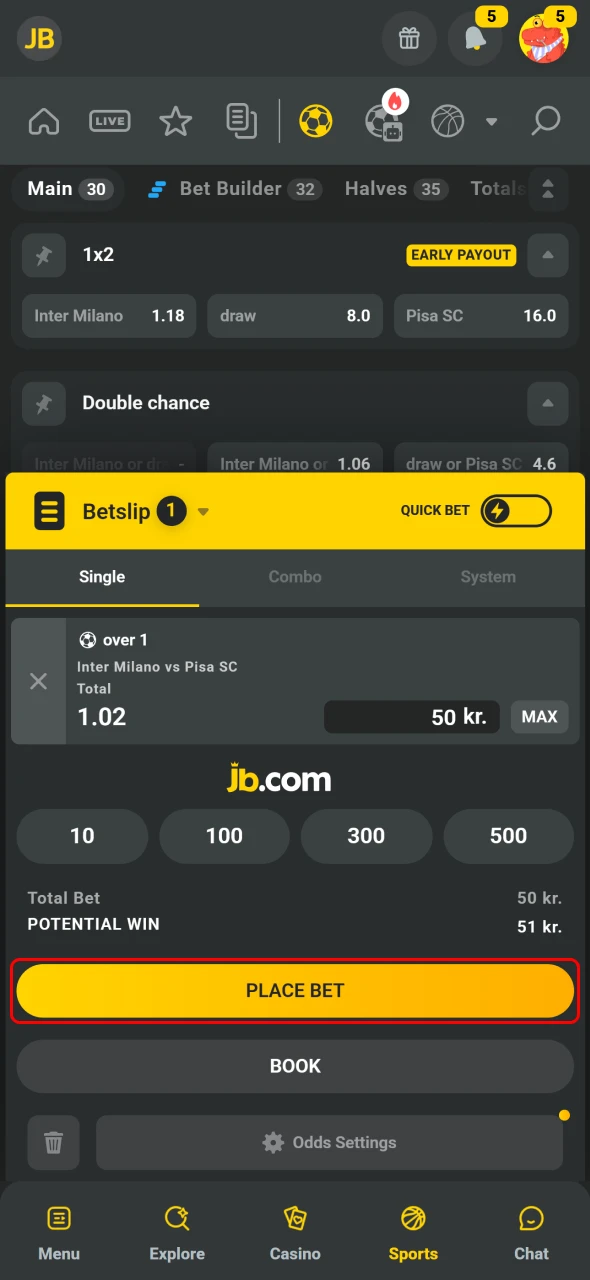 Confirm and place a bet directly in the JB App.