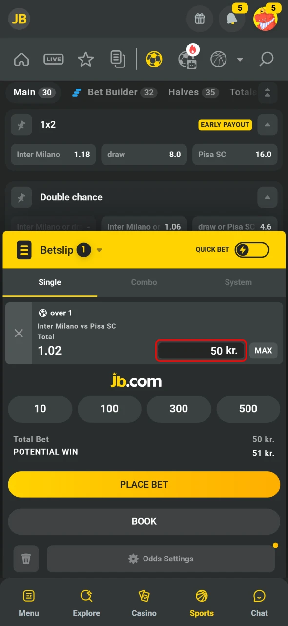 Provide a bet amount easily within the JB Android App.