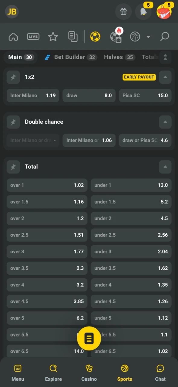 Select a match for your bet using the JB App.