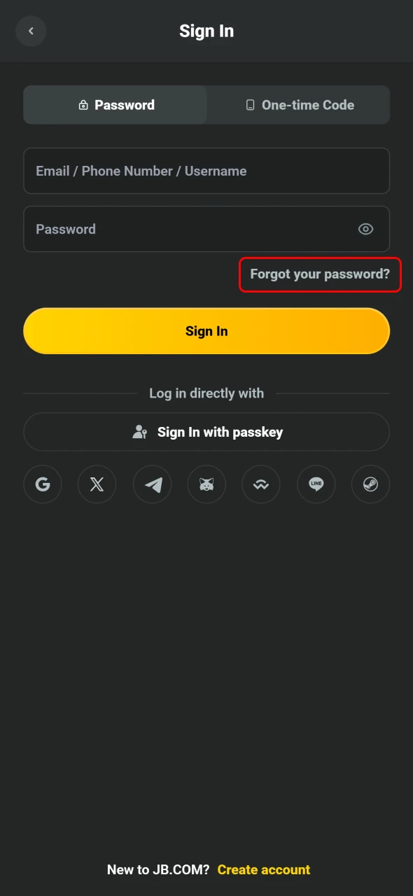 Gendan adgangskode nemt via JB Casino Android appen.