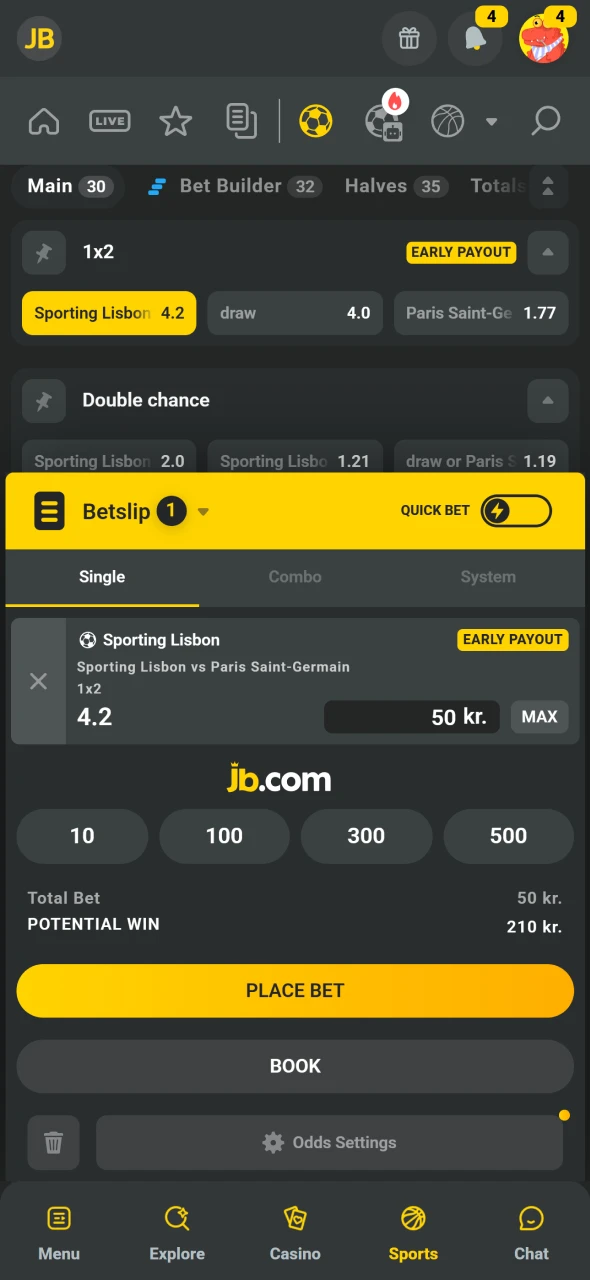 Indtast indsats og placer væddemål i JB Casino Android appen.