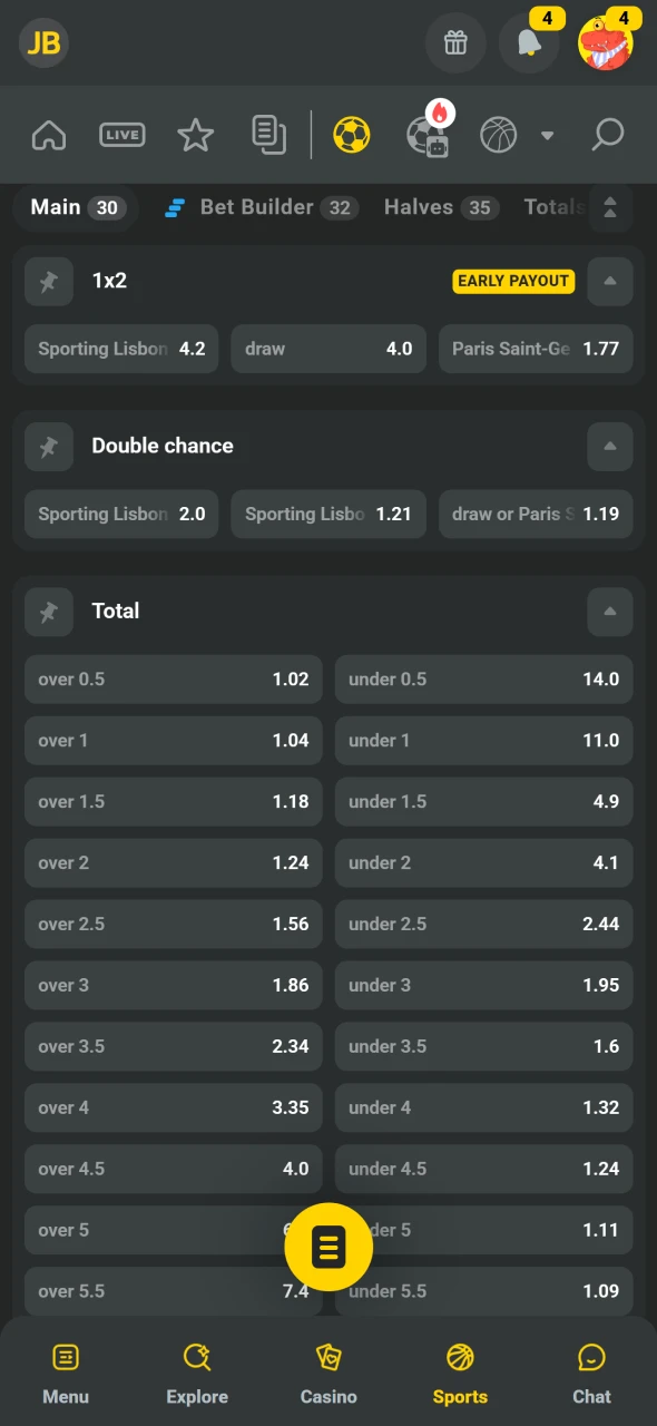 Vælg begivenhed og marked i JB Casino Android appen.