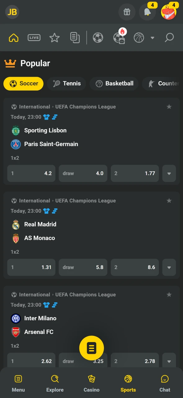 Vælg sportsgren som fodbold eller tennis i JB Casino Android appen.