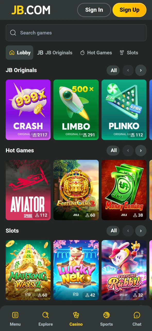 Open casino games directly from the JB App interface on Android.