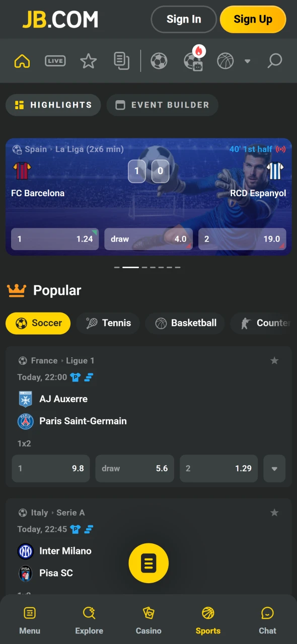 Browse sport markets easily using the JB App interface on Android.