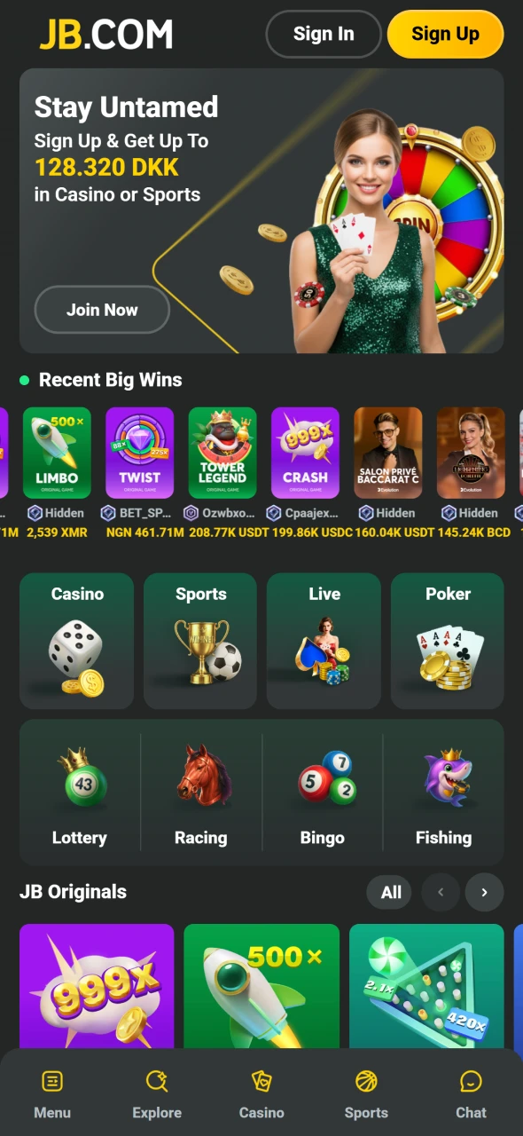 Udforsk Android-interfacet i JB Casino appens startside.