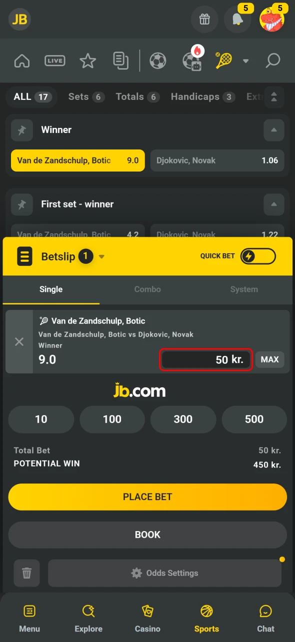 Enter amount to confirm Betting through the JB App.