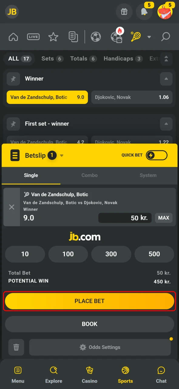 Place a bet easily while Betting in the JB App.