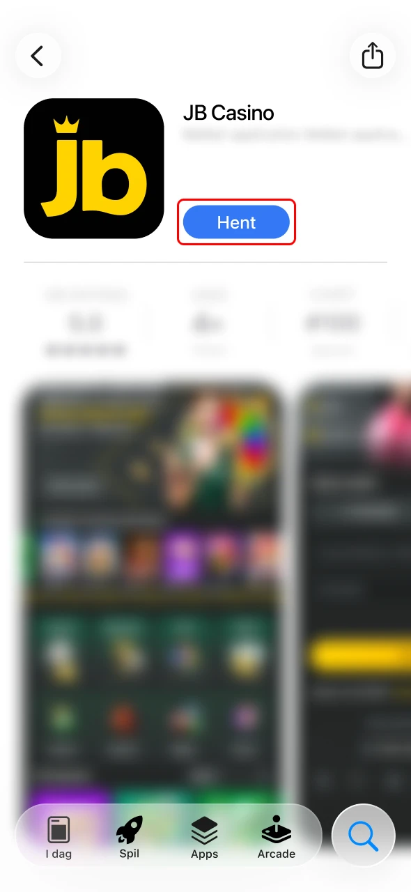 Tryk på hent for at installere JB Casino iOS-appen.