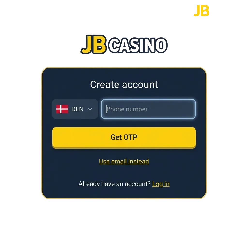 JB Casino account registration page showing login form and welcome bonus offer for Danish players