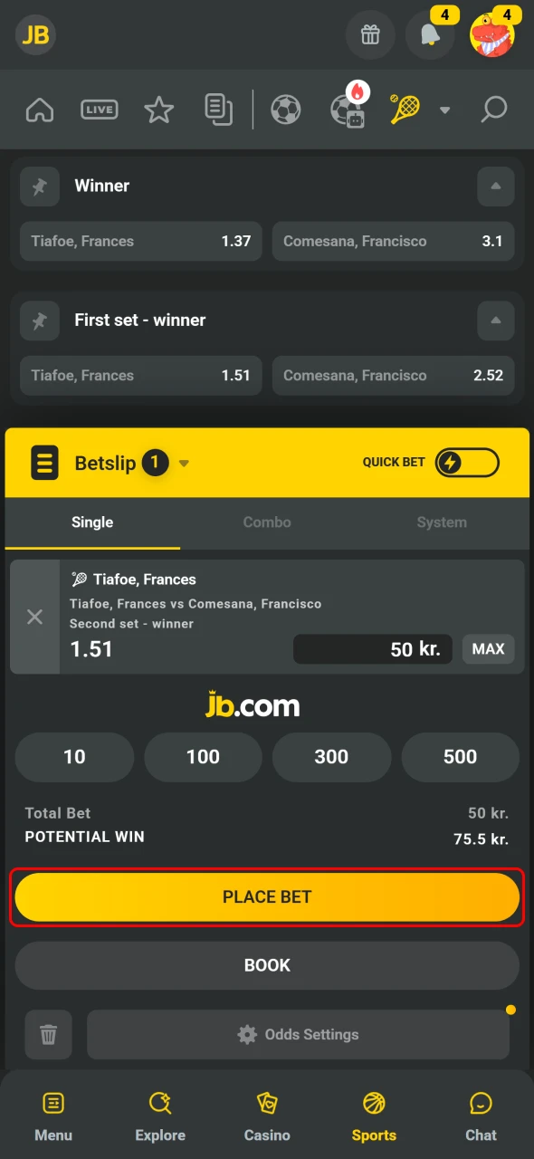 Bekræft dit væddemål og følg kampens udvikling live på JB Casino.