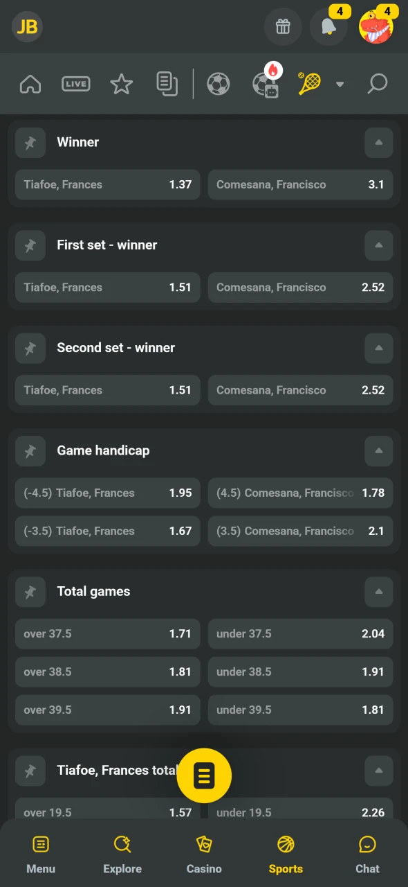 Gennemse odds og vælg dit ønskede resultat hos JB Casino.