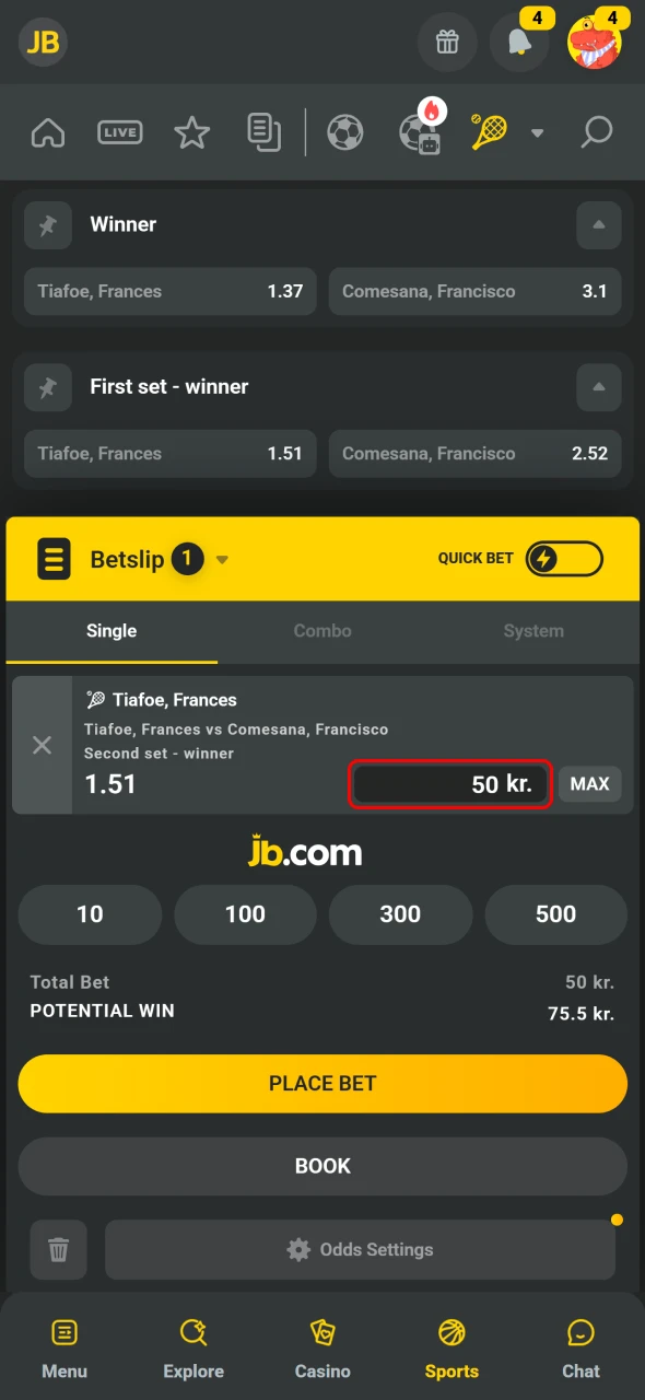 Indtast indsatsbeløbet i væddemålskuponen på JB Casino.