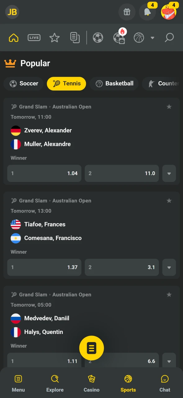 Vælg sportsgren og turnering fra menuen på JB Casino.