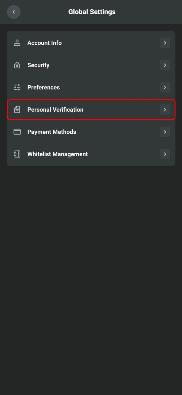 Gå til profilindstillinger efter login på JB Casino for at starte verifikation.