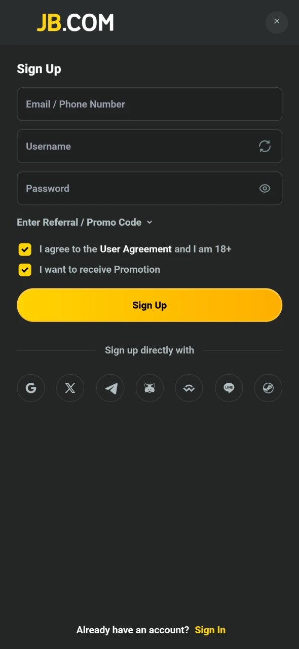 Register an account easily inside the JB iOS PWA App.