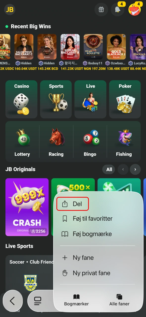 Tryk på del-ikonet i Safari for JB Casino iOS.