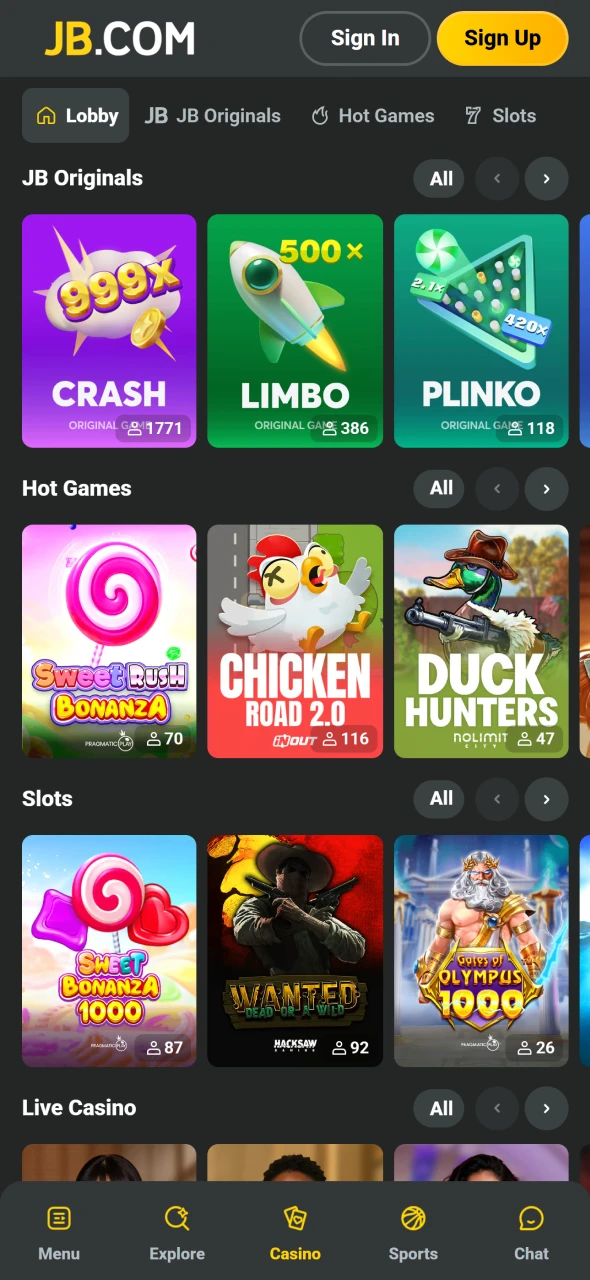 Udforsk kasino i JB Casino iOS appen med få tryk.