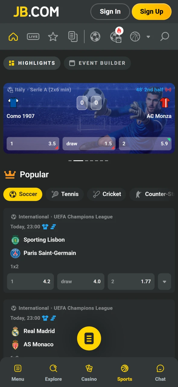 Naviger sport i JB Casino iOS appen uden besvær.