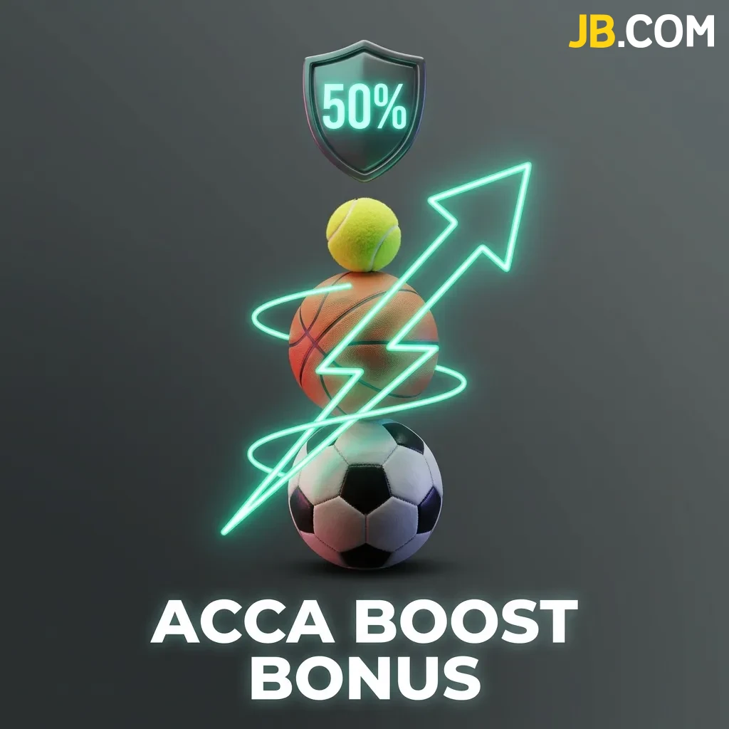 Sports betting accumulator with multiple selections showing bonus percentage boost from 5% to 50% based on number of legs