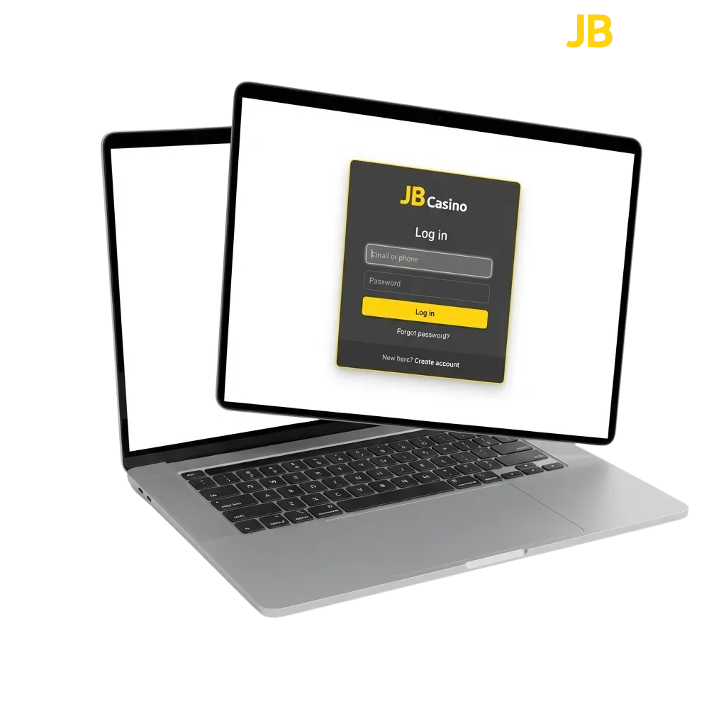 Quick login screen showing JB Casino account access with email, password fields, and security features