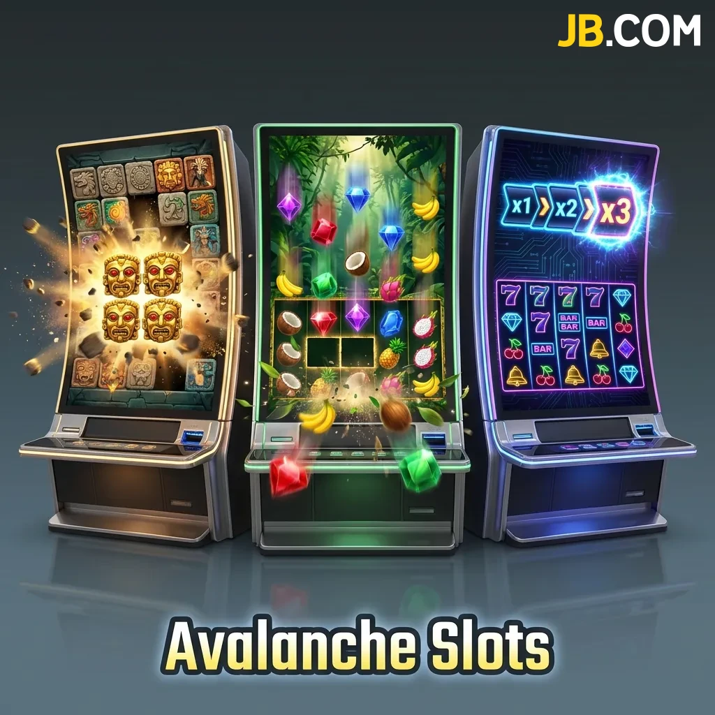 Cascading symbols fall into place on a slot game screen showing avalanche mechanics with multiple win opportunities