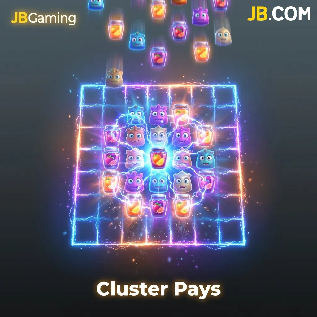 Slot machine screen showing colorful symbol clusters with cascading animation in a grid-based game layout