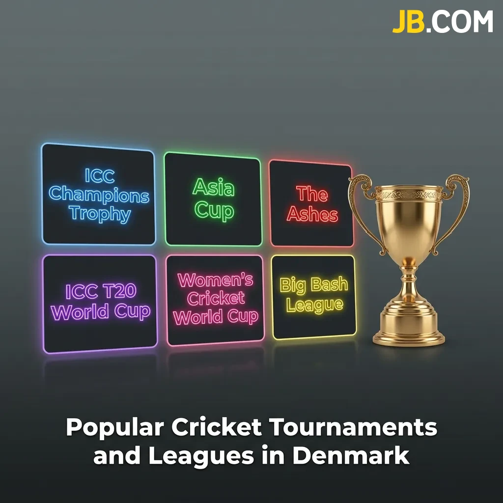 Cricket betting markets at JB Casino including World Cup, T20, The Ashes, and IPL tournaments with live wagering options