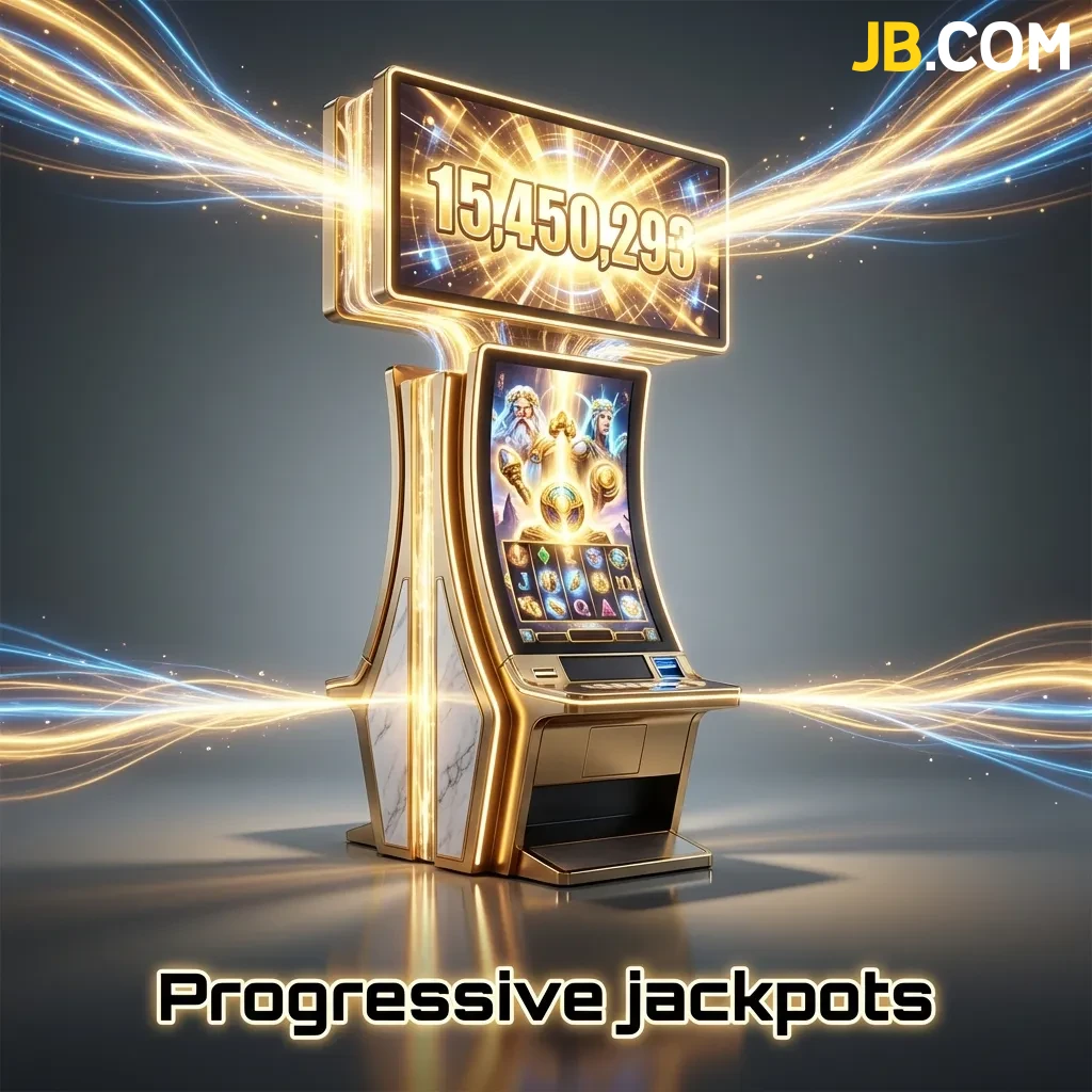 Progressive slot machines with jackpot counters displaying growing prize amounts from pooled player bets