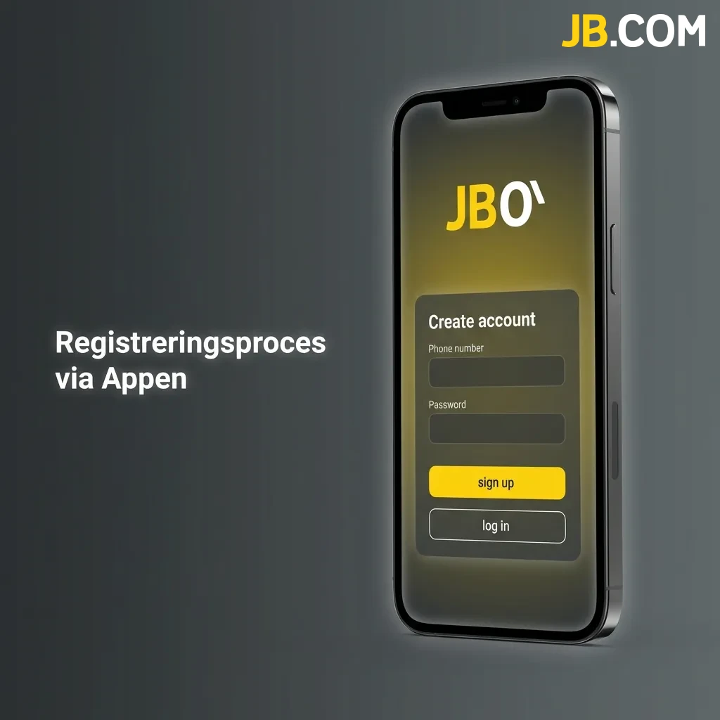 Smartphone displaying JB Casino app registration form with sign-up fields and verification steps
