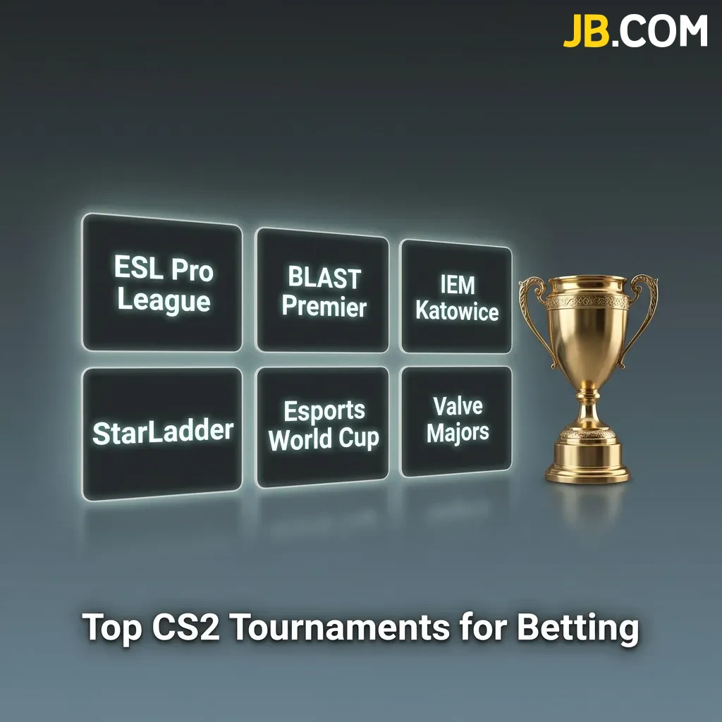 Top-tier CS2 tournament logos including ESL Pro League, BLAST Premier, IEM Katowice, and PGL Majors displayed together