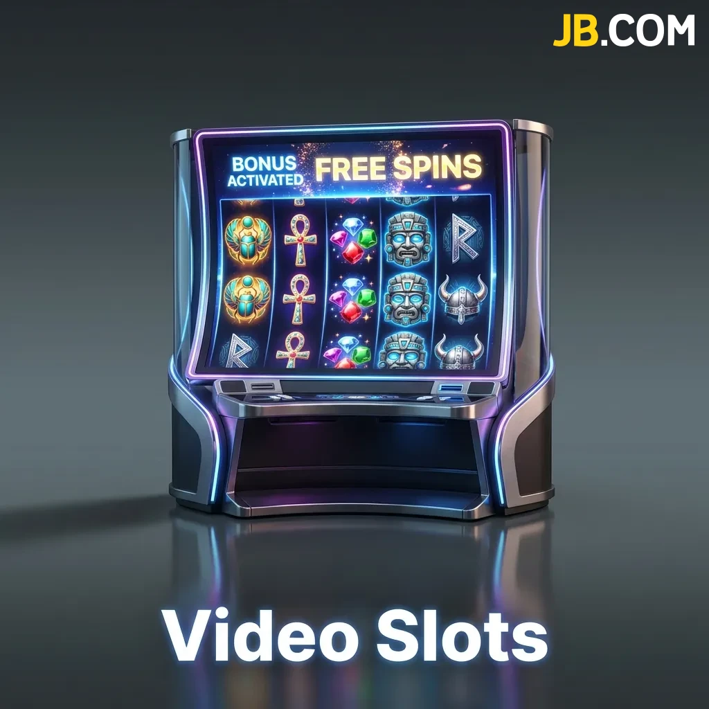 Video slot machine interface showing five reels with colorful symbols and multiple paylines on screen