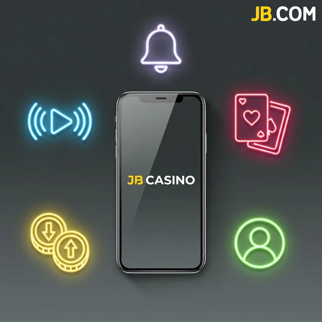 JB Casino mobile app interface showing games library, payment options, and security features on iOS device