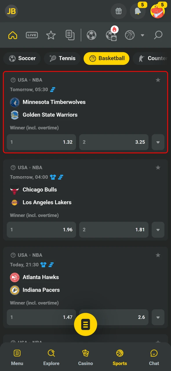 Choose a sport and match on JB to continue your first bet.