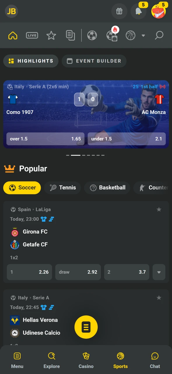 Click sports tab to start your first bet on JB.