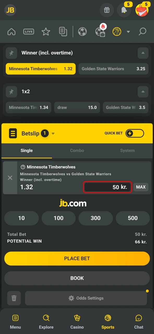 Enter stake amount to finalize your first bet on JB.