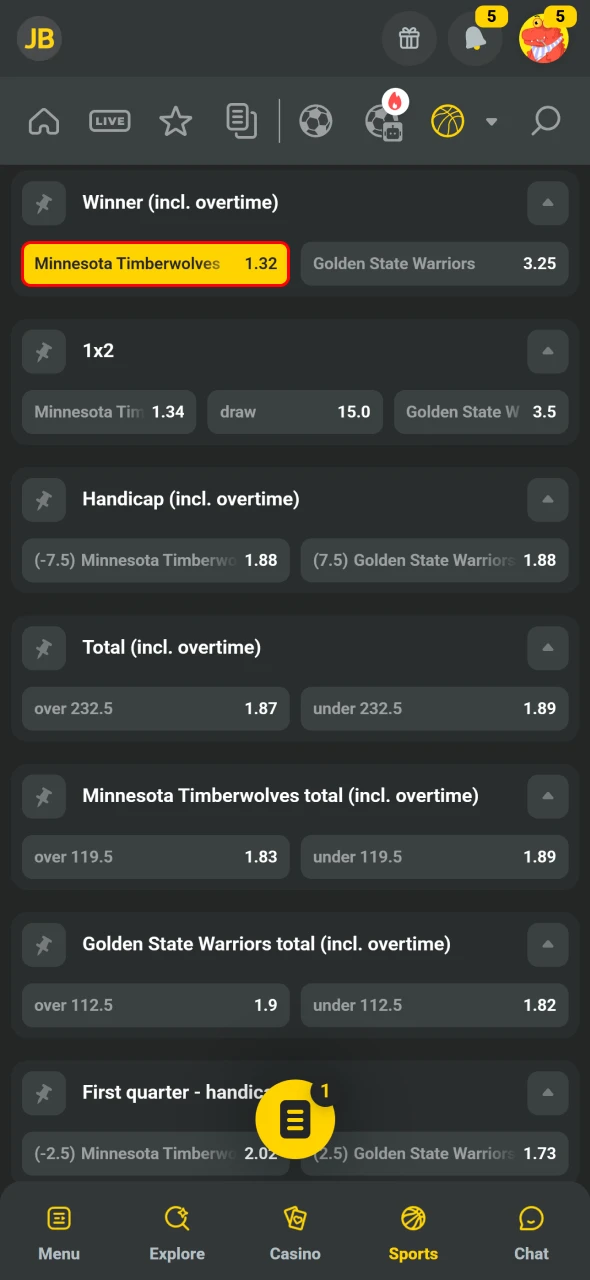 Select odds to add selections on JB for your first bet.