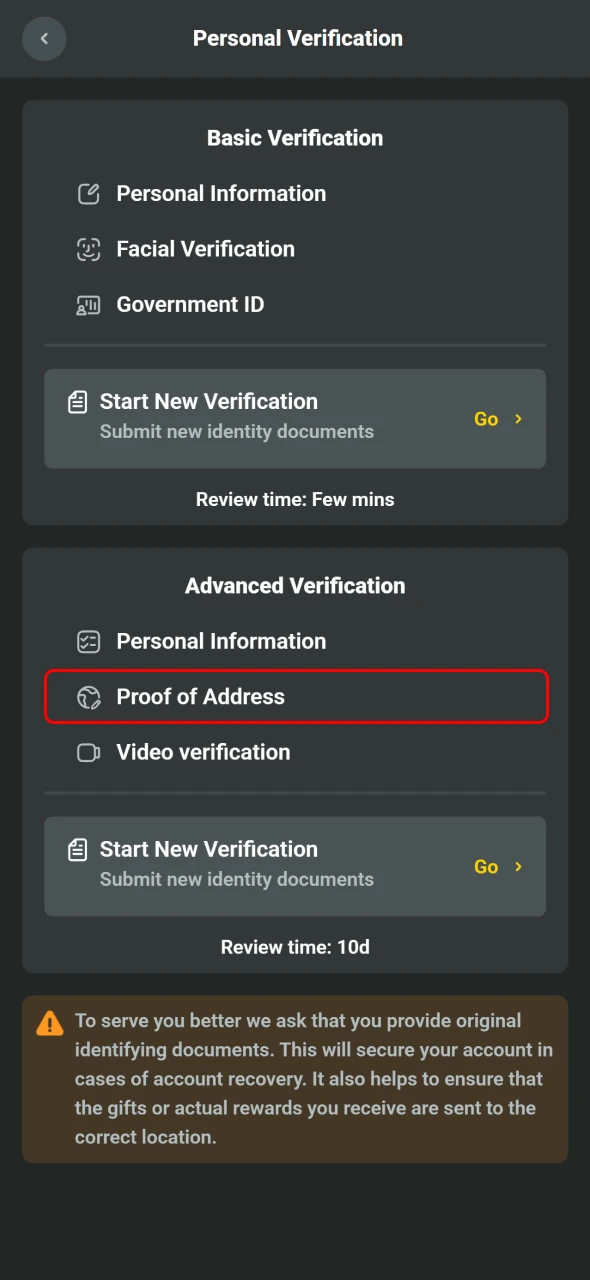 Provide address proof for successful JB account verification.