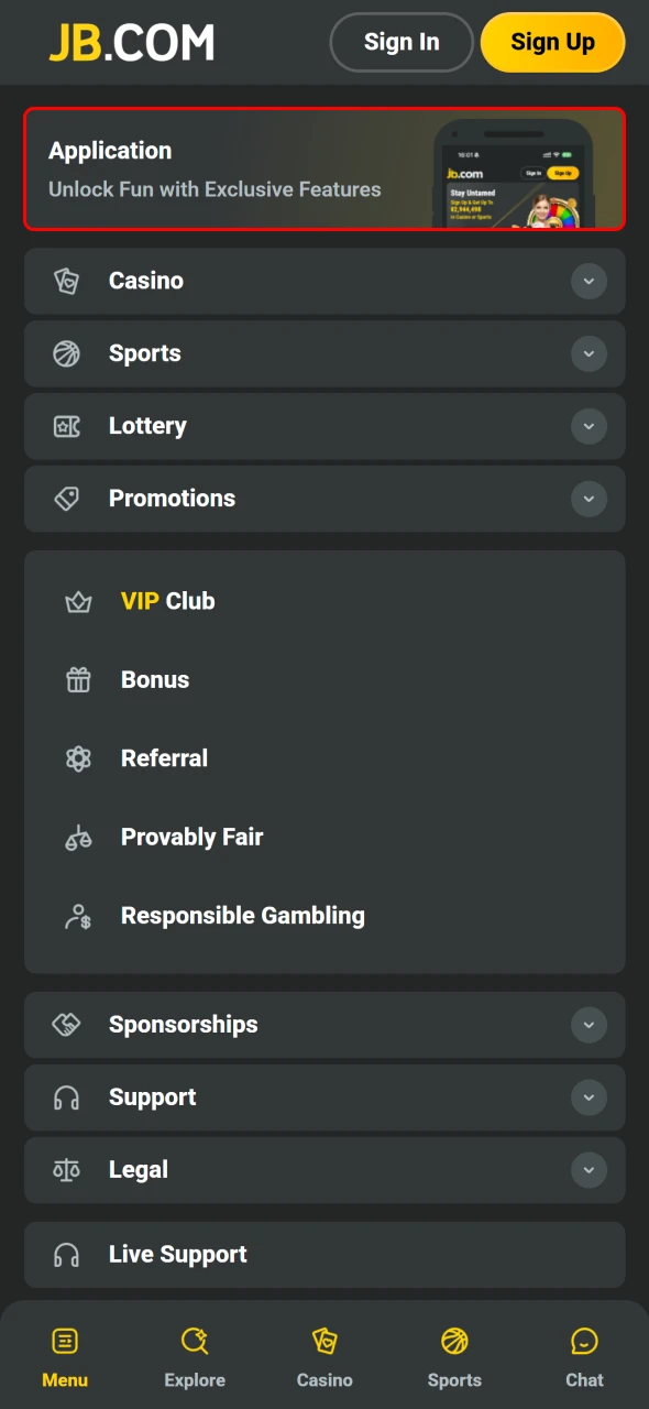 Klik på iOS-download for at tilføje JB Casino PWA appen.