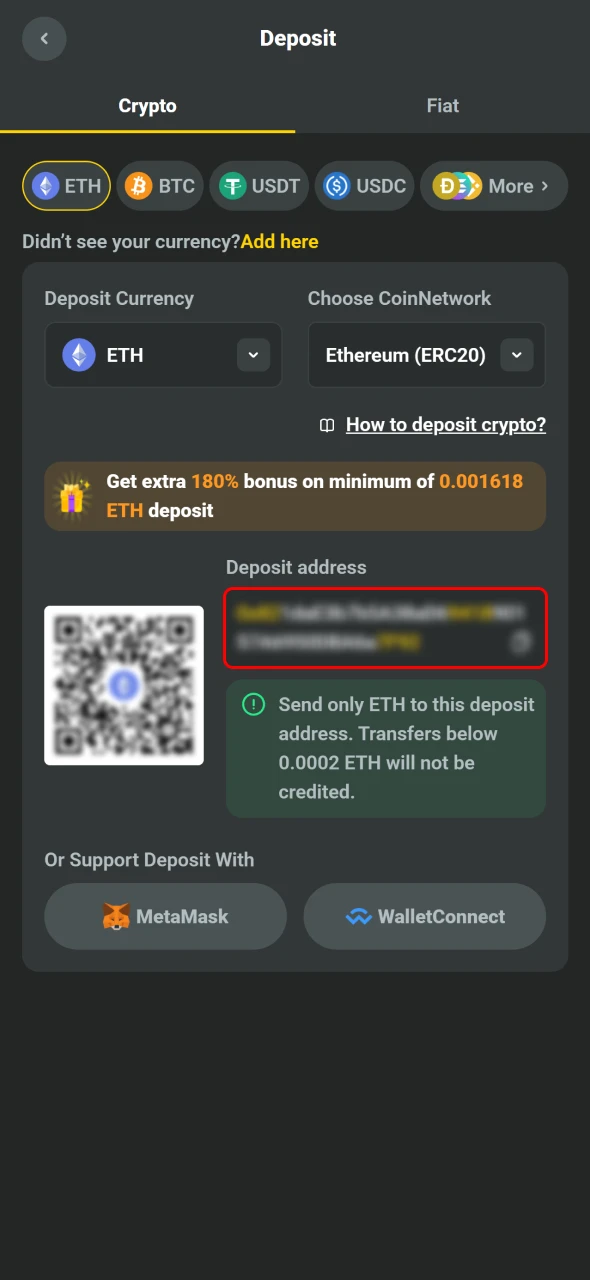 Kopiér betalingsadressen i JB Casino appen.