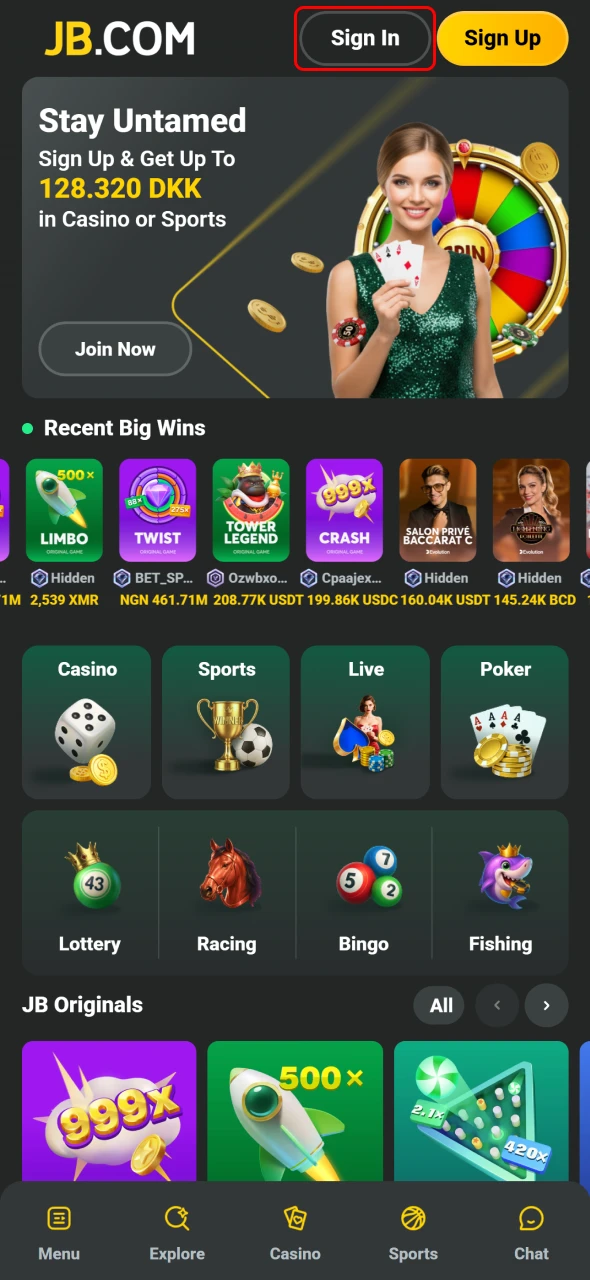 Klik på log ind i JB Casino mobil-appen.