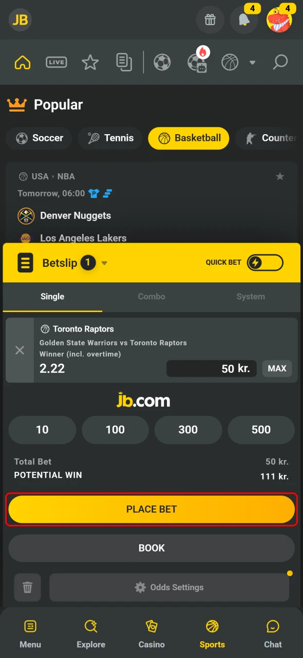 Bekræft væddemålet direkte i JB Casino appen.Bekræft væddemålet direkte i JB Casino appen.