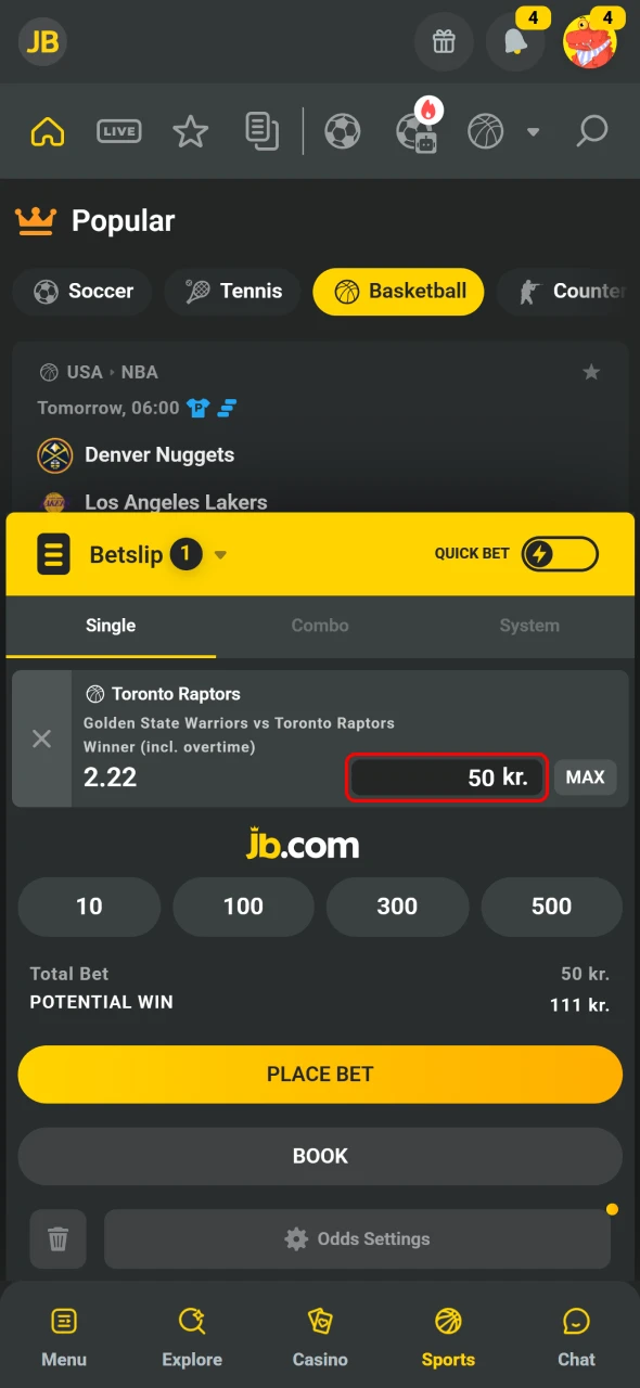 Vælg odds og indsats i JB Casino mobil-appen.