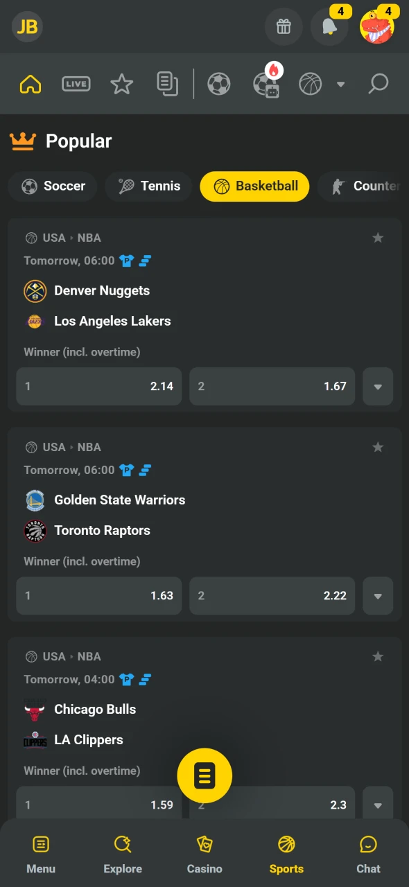 Vælg sportsgren og begivenhed i JB Casino appen.