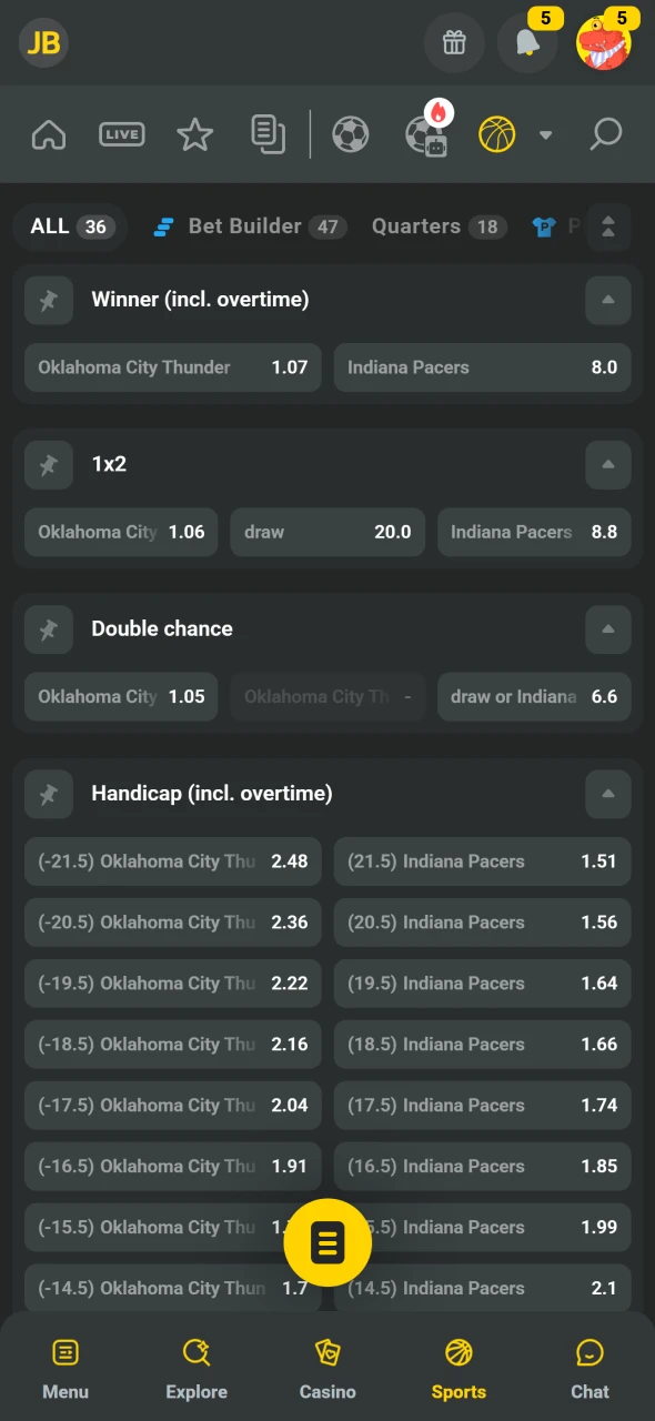 Choose your bet type within the JB Mobile App.