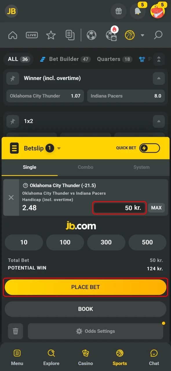 Enter your stake and confirm bets using the JB Mobile App.