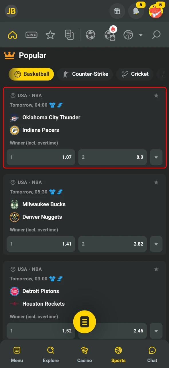Pick an event easily using the JB Mobile App interface.