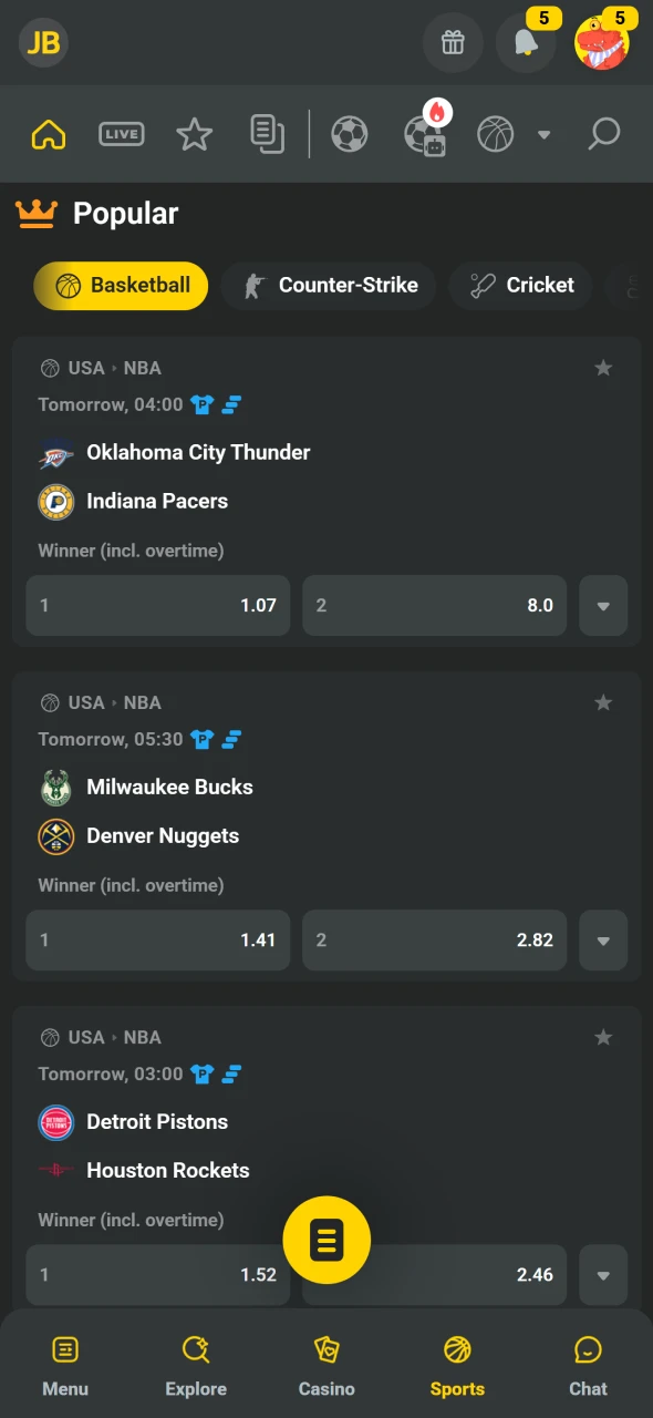 Select a sport inside the JB Mobile App betting section.