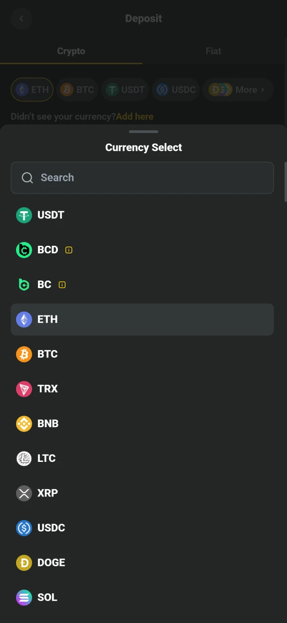 Select your cryptocurrency within the JB Mobile App cashier.